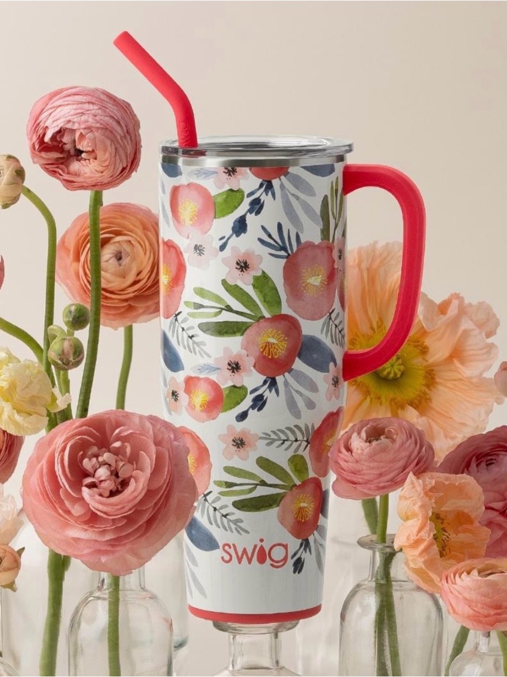 Swig Floral Insulated Tumbler with Pink Handle and Straw
